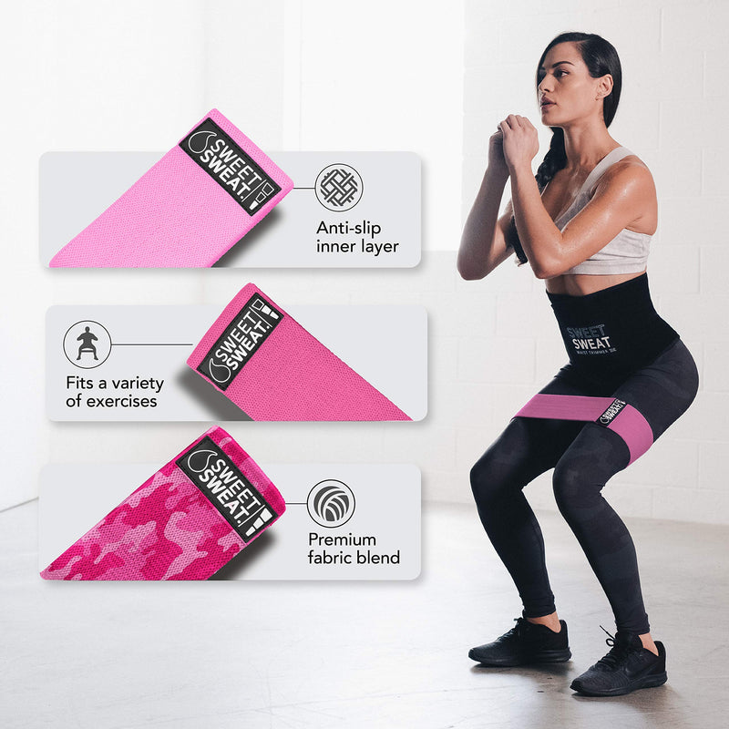Sweet Sweat Hip Bands with 3 Levels of Resistance | Non-Slip Fabric Booty Bands for Squats & Lunges | Includes Free Mesh Carrying Bag Pink Hip Bands - BeesActive Australia