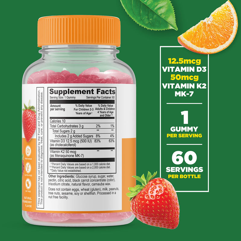 Lifeable Vitamin D3 + K2 - Great Tasting Natural Flavor Gummy Supplement Vitamins - Gluten Free Vegetarian and Non-GMO Chewable - for Strong and Healthy Bones - 60 Gummies (Kids) Kids - BeesActive Australia