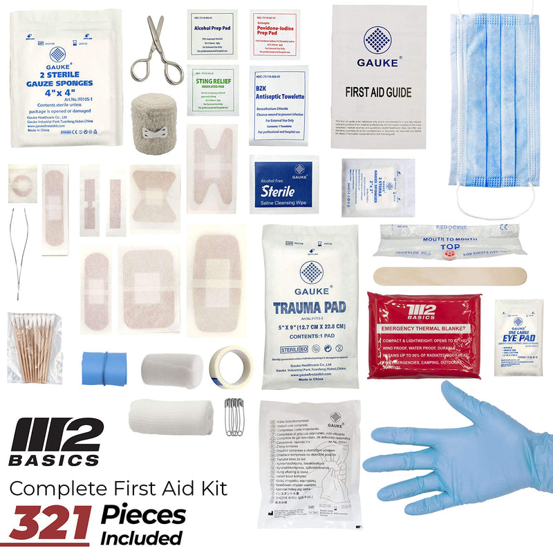 M2 BASICS Complete 321 Piece Emergency First Aid Kit | Business & Home Medical Supplies | Wall Mountable Hard Case | Office, Car, Travel, School, Camping, Hunting, Sports - BeesActive Australia