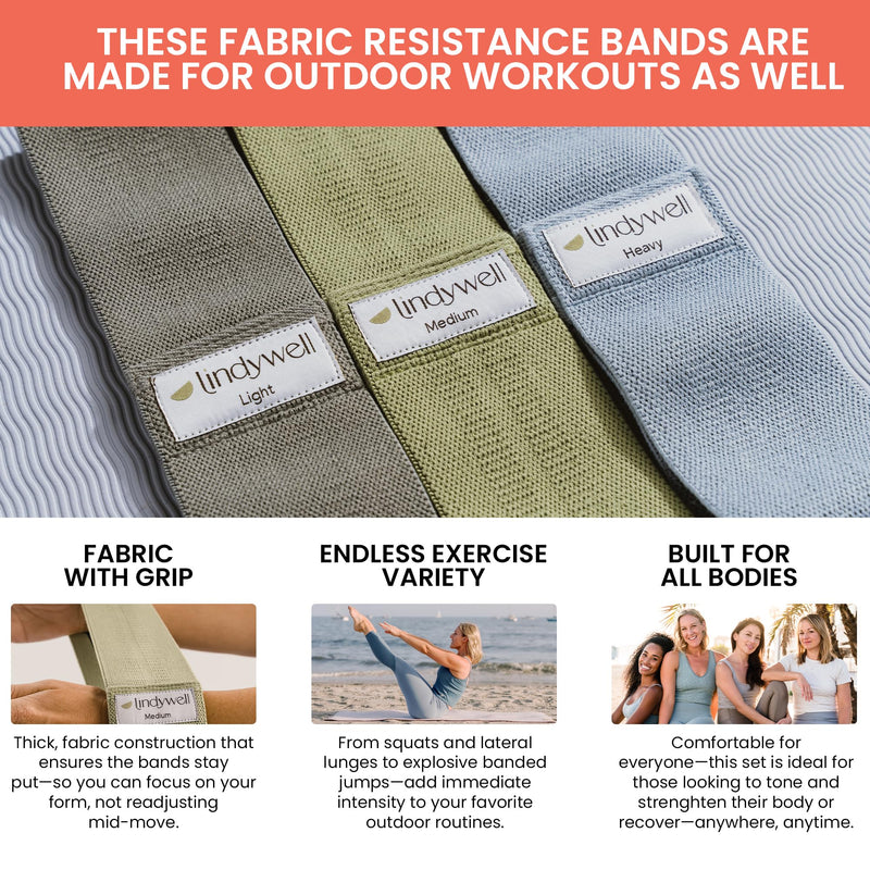 Lindywell Fabric & Exercise Bands for Women & Men - Resistance Bands for Working Out, Including Glute Activation, Strength Training, Physical Therapy - Durable, Non-Slip & Perfect for Home Or Gym Use Fabric Band Set
