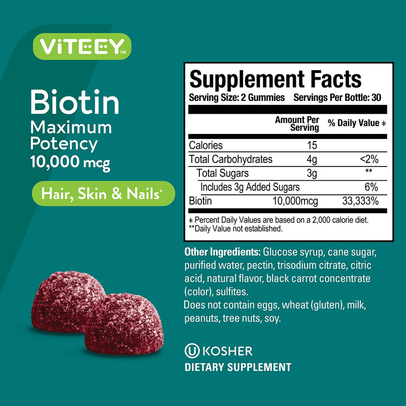 Viteey Biotin Gummies - 10,000 mcg - 120 Count | for Hair Skin and Nails - Biotin for Hair Growth Gummies - Vegan, Gluten-Free, Non-GMO 60 Count (Pack of 2)