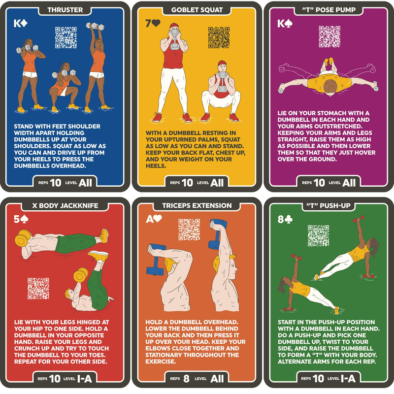 Stack 52 Dumbbell Exercise Cards. Workout Playing Card Game. Video Instructions Included. Perfect for Training with Adjustable Free Weight Sets and Home Gym Fitness. (2019 Mega Pack) 107 Card Mega Pack