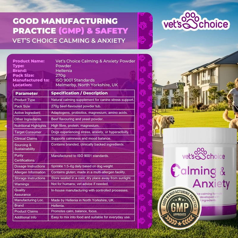 Dog Calming Supplements - Calming & Anxiety Powder for Dogs - 270g | Vet's Choice - GMP Certified | Support for relaxation & emotional balance | UK Made Dog Supplement, Mix in with Food (Beef Flavour)