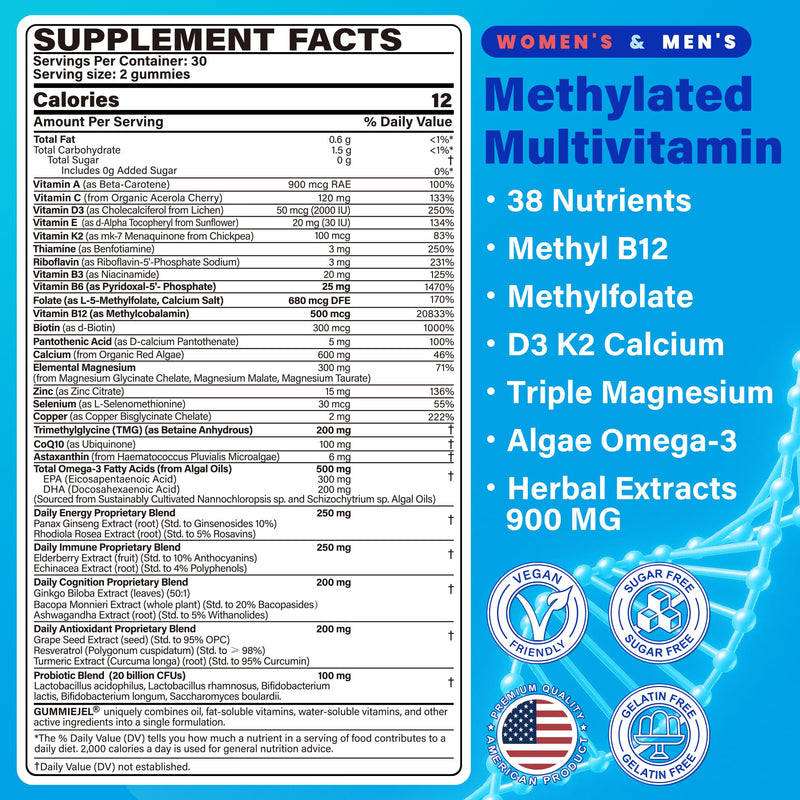 Methylated Multivitamin for Women & Men Gummies w/ Omega-3, Calcium, D3 K2, Methylfolate & B12, TMG, Daily Vitamin A, C, E, B Complex, Magnesium, CoQ10, Probiotic for Overall Health- Vegan, 2 Pack 60 Count (Pack of 2)