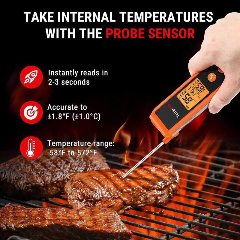 TempPro TP420 2-in-1 Instant Read Thermometer for Cooking, Infrared Thermometer with Meat Probe, Non-Contact Laser Meat Thermometer for Griddle Grill Pizza Oven HVAC Pool (Previously ThermoPro) IR Thermometer with Meat Probe