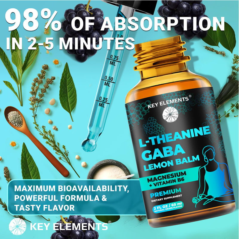 KEY ELEMENTS Liquid GABA with L Theanine Supplement | GABA 500mg and L-Theanine 200mg with Lemon Balm Extract and Magnesium with Vitamin B6