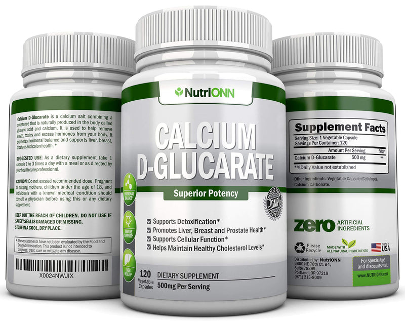 NutriONN Calcium D-Glucarate - 500mg - 120 Vegetable Capsules - Superior Potency to Support Cleansing Processes, Estrogen Metabolism & Hormonal Balance - Helps with Prostate, Breast & Colon Health