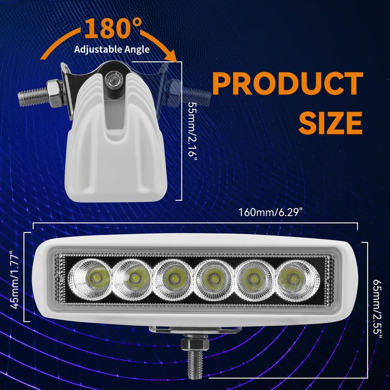 RVZONE Waterproof Led Boat Lights, 18W LED Spreader Lights 1200LM 120°Flood Light, 6.3in Deck Dock Marine Led Lights Bar, Pack of 2, White Housing (Flood Light/White Housing) Flood Light/White Housing