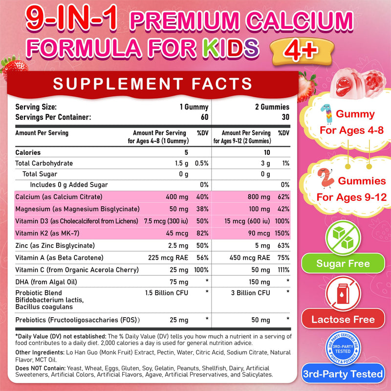 Kids Calcium Gummies with D3 & Magnesium for 4+: Sugar Free Calcium Citrate with Vitamin D3, K2, Zinc, Probiotics & Prebiotics for Kids - Gluten Free, Non-GMO,Vegan, Natural Strawberry Flavor 60 Count (Pack of 2)