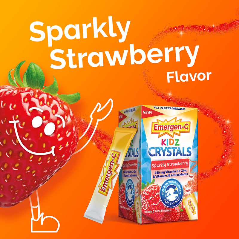 Emergen-C Kidz Crystals, On-the-Go Emergen-C Immune Support Supplement with Vitamin C, B Vitamins, Zinc and Manganese, Sparkly Strawberry - 56 Stick Packs - BeesActive Australia