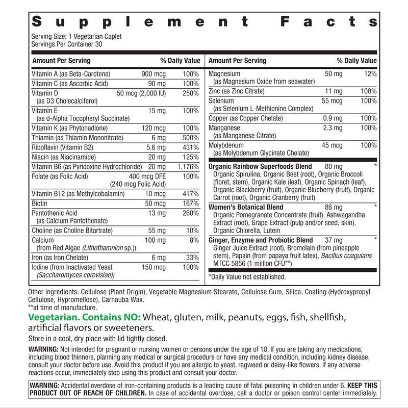 Rainbow Light Womens Multivitamin One + | 30 Caplets | Real Food Nutrients, Digestive Enzymes & Probiotics | Real Food Nutrients, Digestive Enzymes & Probiotics Women's One 30 Count (Pack of 1)