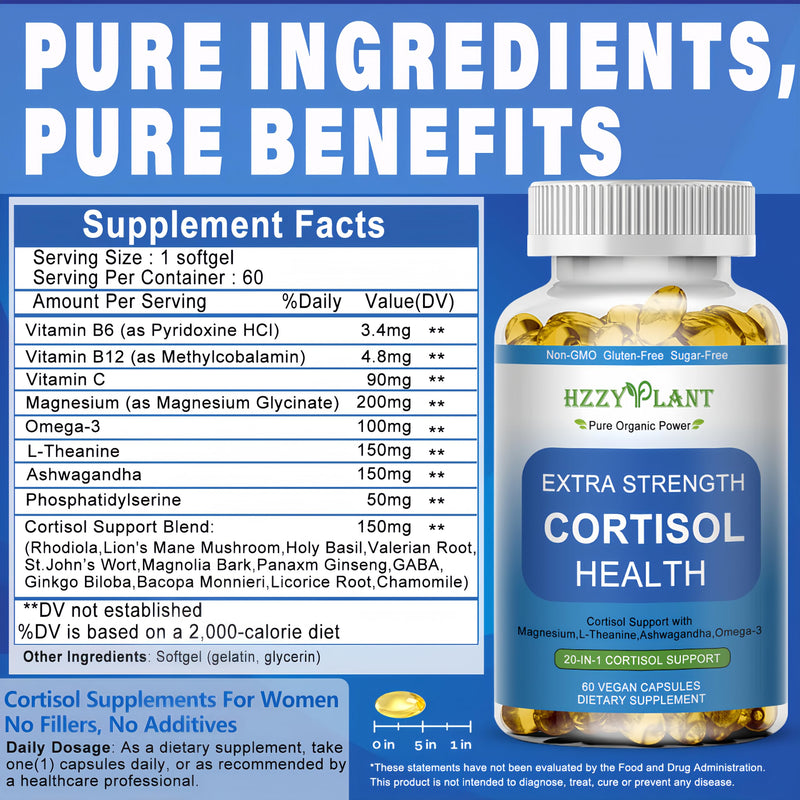Cortisol Supplements for Women and Men Softgels with Phosphatidylserine Magnesium Ashwagandha L-Theanine,High Absorption Cortisol Detox Capsules for Sleep Relaxation Stress Relief,Non-GMO,60 Servings