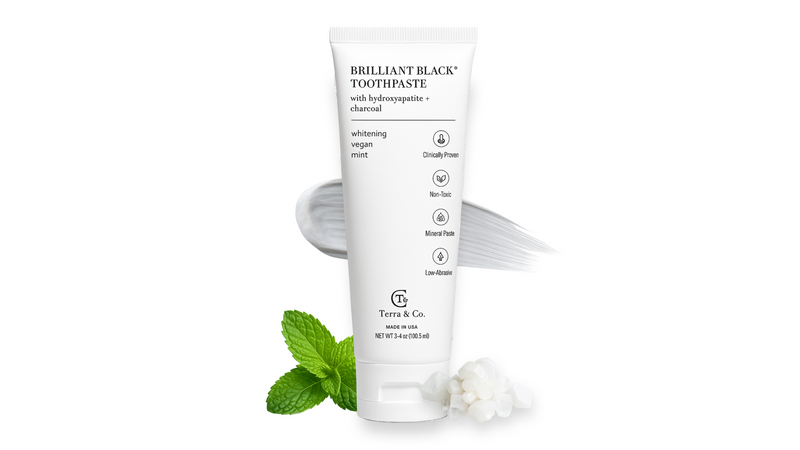 Terra & Co. Brilliant Black Hydroxyapatite Toothpaste for Whitening Teeth – USA-Made - Natural Remineralizing Toothpaste, Fluoride-Free, Vegan, SLS-Free, Low Abrasion – Mint, 3.4 oz Whitening - Mint 3.4 Ounce (Pack of 2)