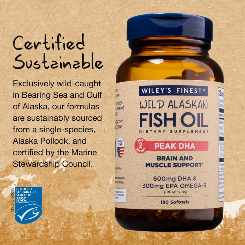 Wiley's Finest Wild Alaskan Fish Oil Peak DHA, 180 Count (Pack of 1) | Wild Alaskan Fish Oil, Peak DHA Softgels, 300 mg EPA and 600 mg DHA Omega-3s, Brain & Muscle Support, Only 2 Per Day 180 Count (Pack of 1)