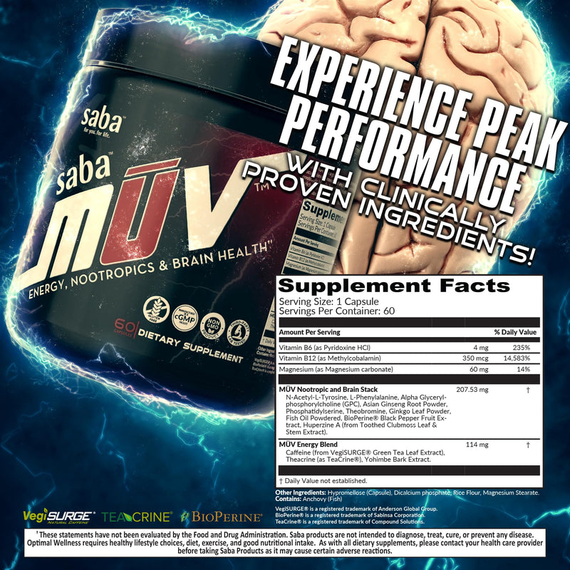 Saba MUV™ Nootropic Brain Supplement for Memory, Focus & Energy | Phosphatidylserine, VegiSurge®, Alpha GPC, Vitamins B6, B12 & Folic Acid | Mental Clarity & Brain Health Support | 60 Capsules
