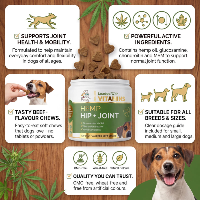 Petsy Hip and Joint Supplements for Dogs CALMING Hemp ACTIVE, Glucosamine, Chondroitin, MSM. Multivitamins |100 SOFT Chews| Daily NATURAL Aid CALMING Hemp oil suitable for All Dogs + Age Related Pain One Tub