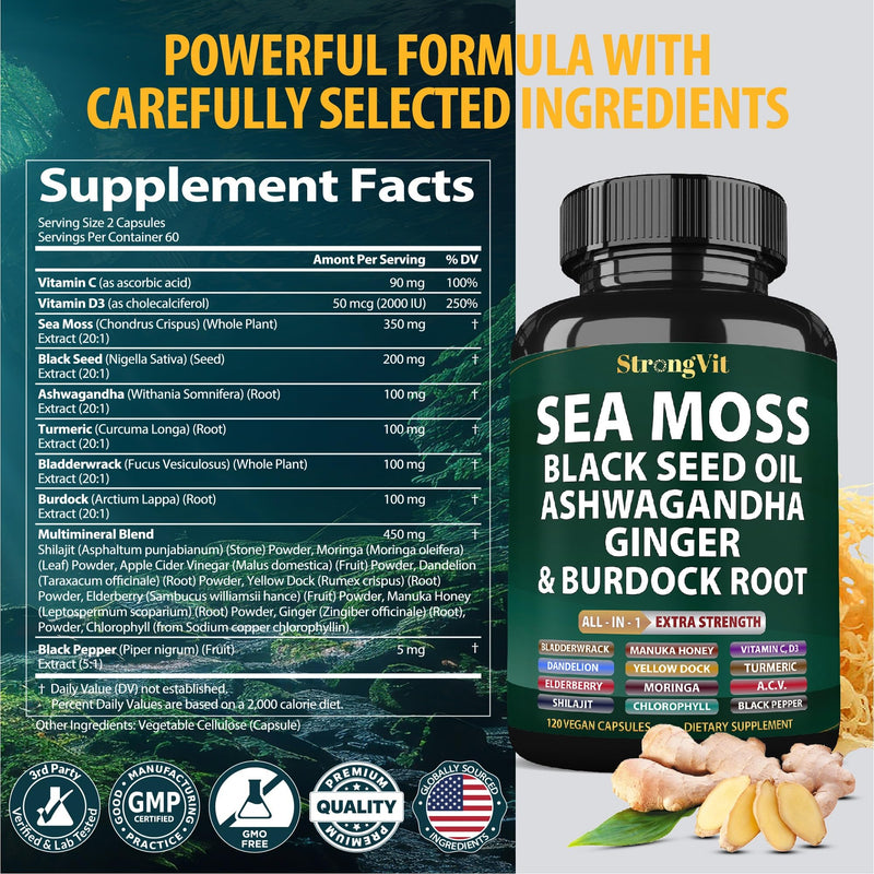 Sea Moss Black Seed Oil Ashwagandha Ginger, Organic Sea Moss Capsules with Burdock Root, Irish Seamoss Pills with Bladderwrack, Turmeric, Shilajit, Multimineral Supplement, USA (120 Capsules) 120 Count (Pack of 1)