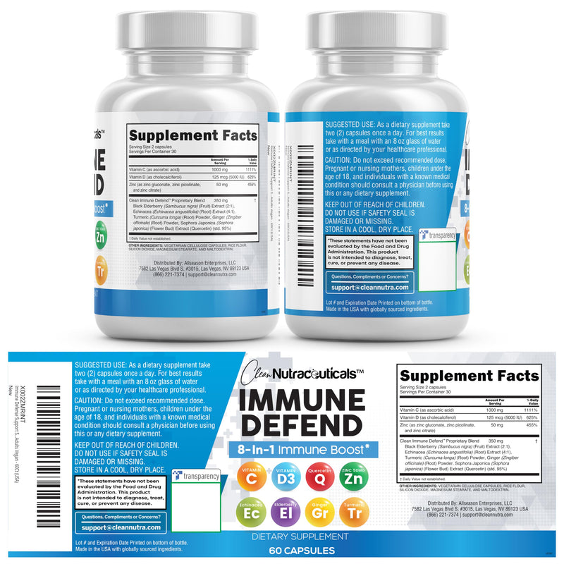 Immune Defense Support Supplement 8 in 1 w/ Zinc 50mg Quercetin, Vit C 1000mg, Vitamin D3 5000 IU, Elderberry, Turmeric Curcumin, Ginger, Echinacea - Immunity System Booster Adults Vegan - 60Ct (2) 2