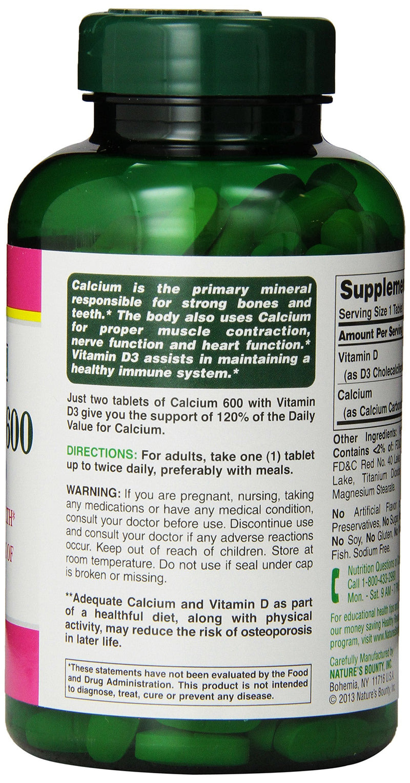 Nature's Bounty High Potency Calcium 600 + D Tablets - 0250ct, 1.17 Bottles (Pack of 2) Unflavored 250 Count (Pack of 2)