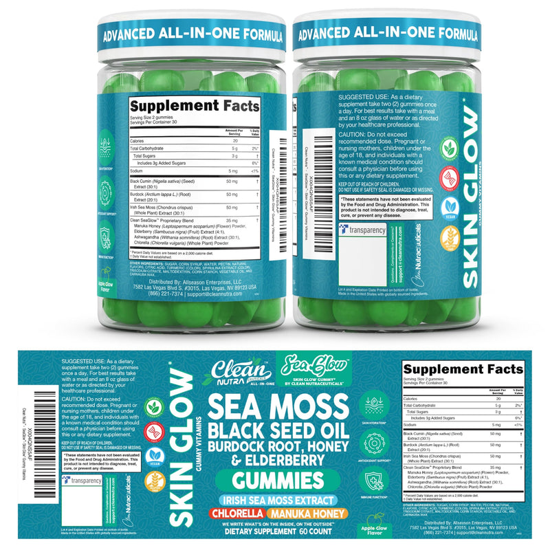 Clean Nutra Sea Moss Gummies Black Seed Oil Chlorella Ashwagandha Root Hair Growth Skin Glow Irish Sea Moss Elderberry Burdock Manuka Honey Trace Minerals Detox 60 Gummy Vitamins Sea Glow Supplement