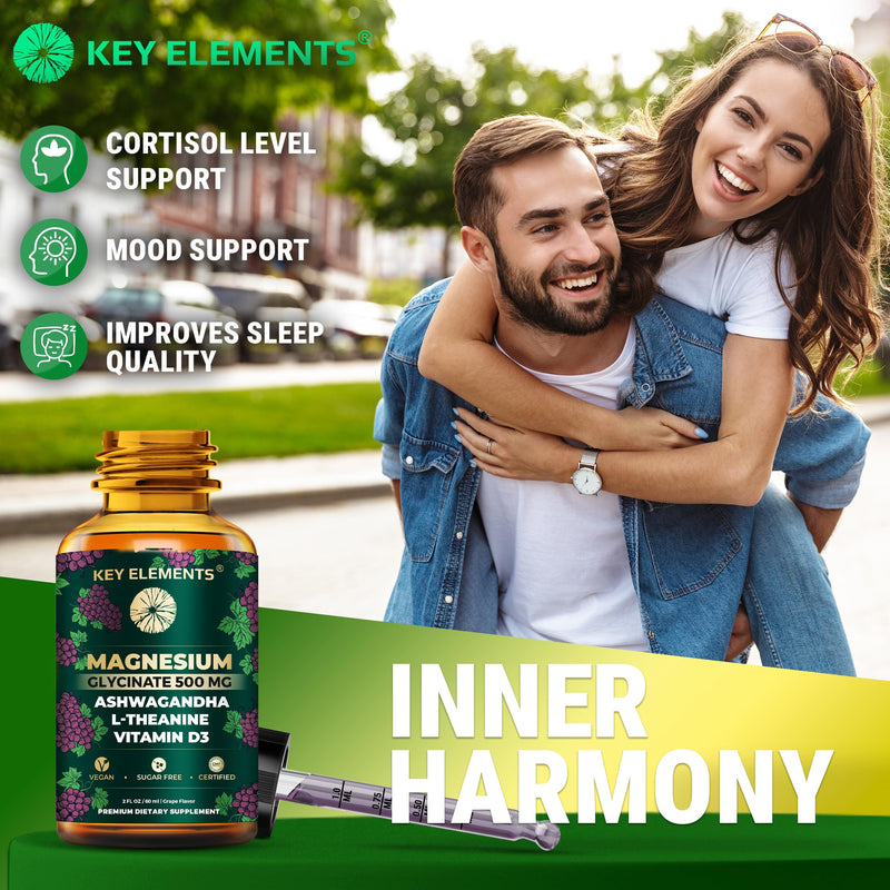 Liquid Magnesium Glycinate 500mg with Ashwagandha & L Theanine | Stress Relief, Sleep and Calm Vitamin D3 Magnesium Supplement | Ashwagandha and Magnesium with L-Theanine