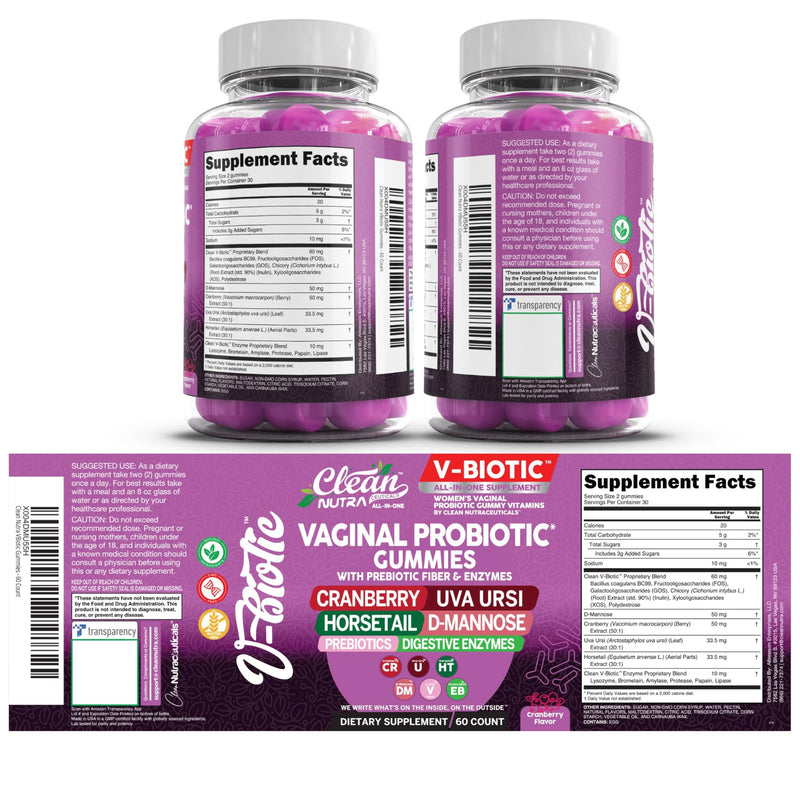 Clean Nutra Vbiotic Gummies, Cranberry, Horsetail, D-Mannose, UVA-Ursi, Probiotic Blend, Enzyme Blend, 60 Count (2) 2