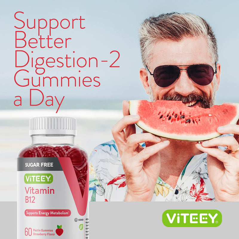 Viteey Vitamin B12 Gummies for Adults & Teens 1000mcg, Sugar Free | Good for Energy, Metabolism, Natural Energy Support -Vegan, Gelatin Free, Gluten Free, GMO Free -Chewable Strawberry Flavored 60 Count (Pack of 2)