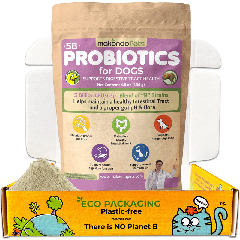 Probiotics for Dogs & Puppies–Extra Strength 9 Species, 5 Billion CFU per Scoop of Powder Digestive Enzymes for Dogs. Gut Fiber & Allergy Relief Pouch (135 Serves)
