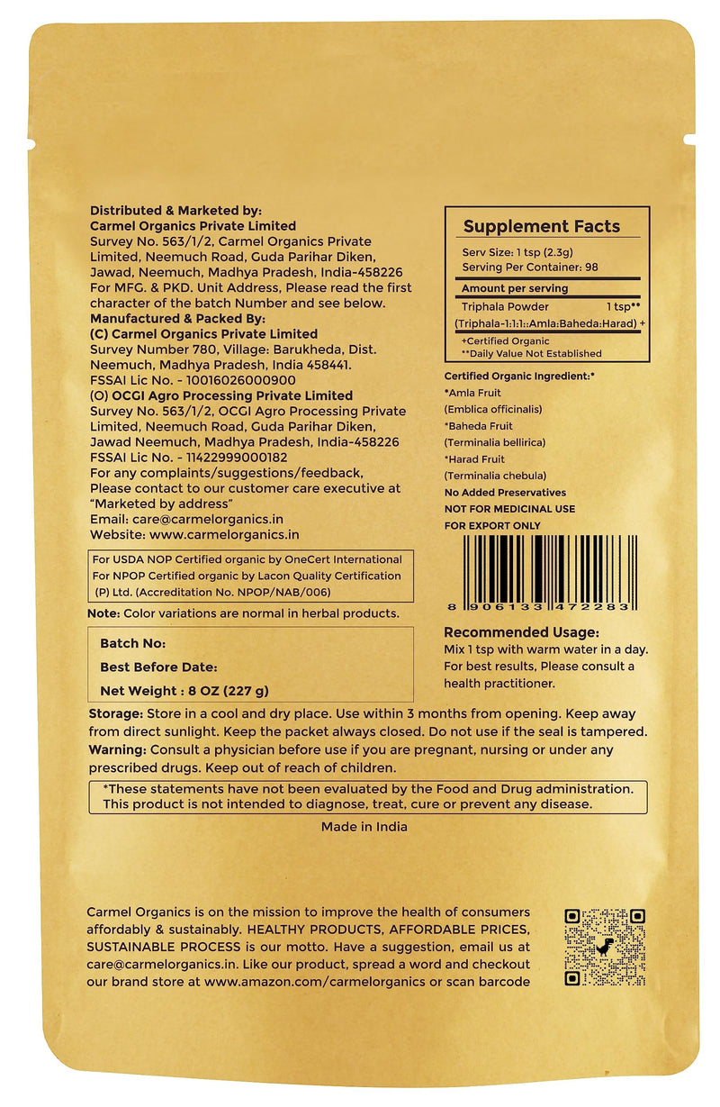 CARMEL ORGANICS Organic Triphala Fruits Powder 8 oz or 1/2 lb for Digestive Support | USDA Certified Organic | No Added Preservatives | Blend of Harad, Baheda & Amla Powder in Equal Ratio 8 Ounce (Pack of 1) - BeesActive Australia