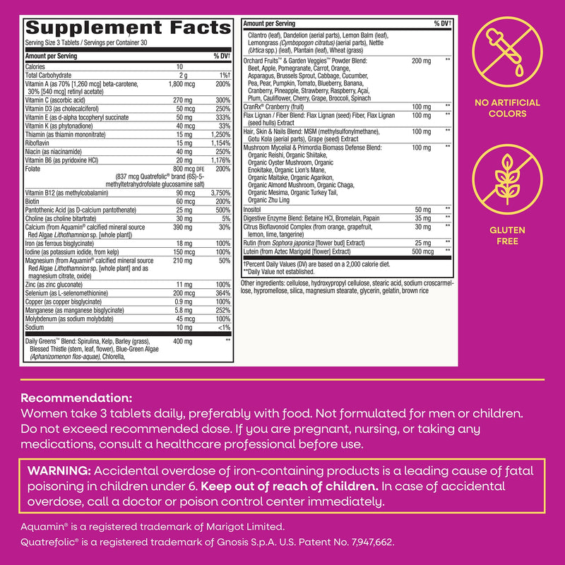 Nature's Way Alive! Max3 Potency Women's Complete Multivitamin, 90 ct | High-Potency Formula with Methylated B12, Folate, CranRx, Spirulina, Digestive Enzymes; Gluten-Free, No Artificial Colors