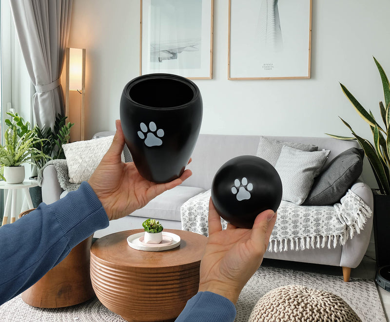 FeinKnick Devotional urn 1 liter for cats or dogs indoors and outdoors - handmade animal urn made of high-quality ceramic for dogs and cats in black with silver paw - weatherproof & for ashes - BeesActive Australia