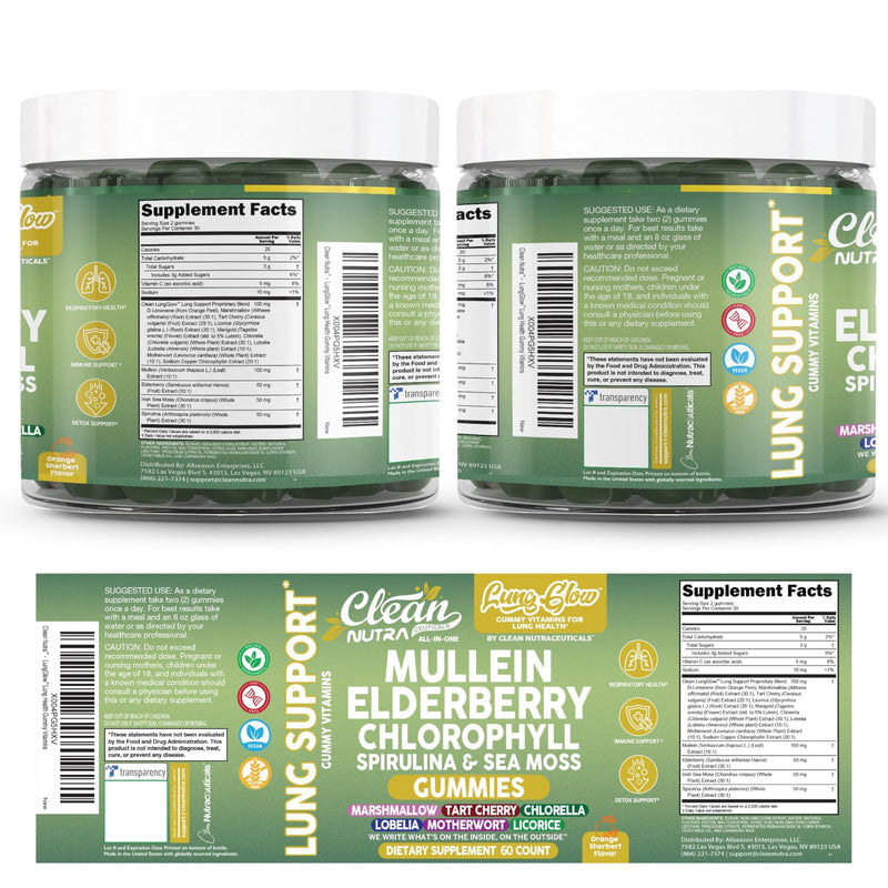 Clean Nutra Mullein Gummies for Lung Health Support with Elderberry Chlorophyll Spirulina Tart Cherry Sea Moss Vitamin C Lutein Marshmallow Root Licorice Root Superfood Greens Mucus Relief 60 Gummies