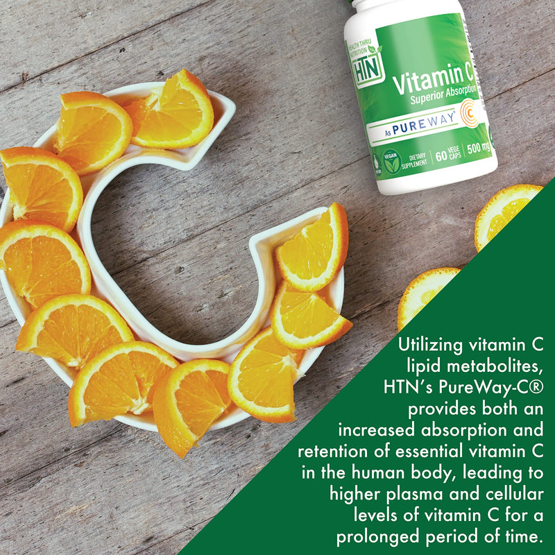 Health Thru Nutrition Vitamin-C 500mg PureWay-C 60 Count High Absorption | Superior Absorption Vitamin C Supplement | Healthy Immune Function and Collagen Support | 3rd Party Tested | Vegan, Non-GMO Unflavored 1 Count (Pack of 60)