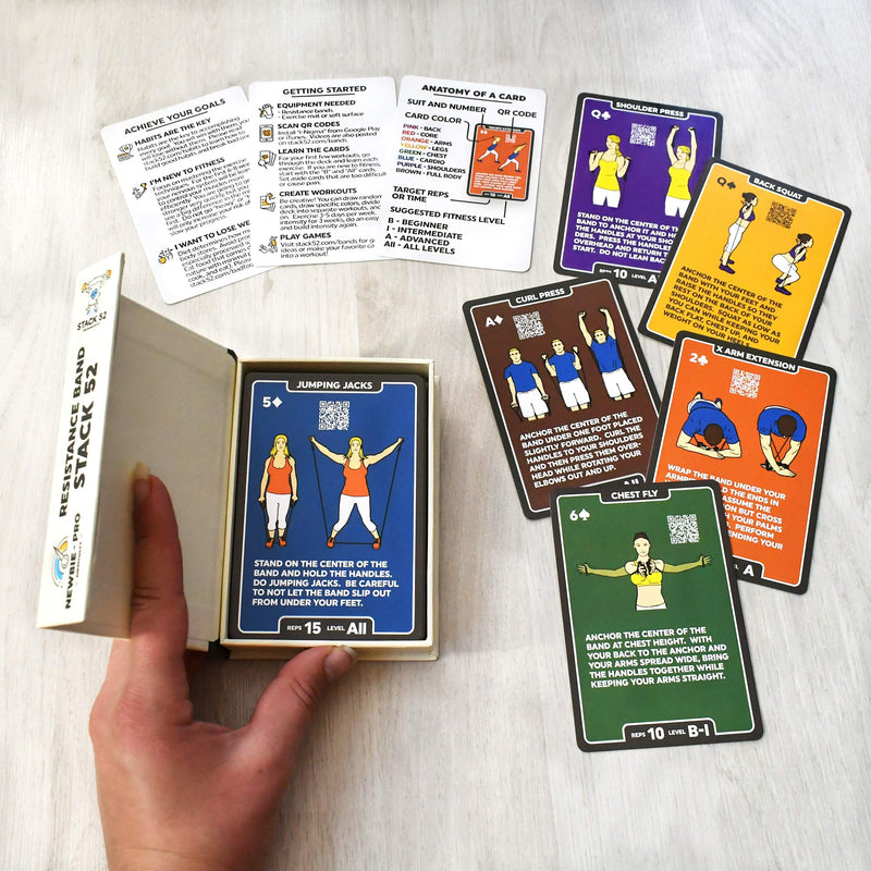 Stack 52 Resistance Band Exercise Cards. Exercise Band Workout Playing Card Game. Video Instructions Included. Home Fitness Training Program for Elastic Rubber Stretch Band Sets. (Updated Deck) Updated Deck - BeesActive Australia