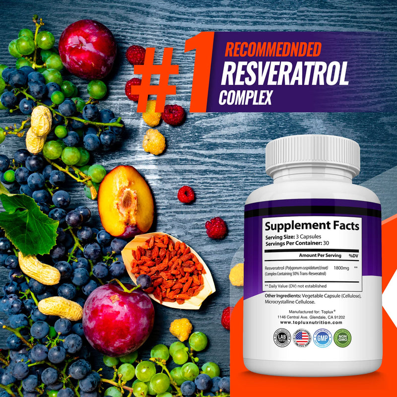Resveratrol Supplement 1800 mg Antioxidant Complex - Highly Potent Natural Trans-Resveratrol Pills for Healthy Aging, Overall Health Support, Immune System, Brain Function, for Men Women, 90 Capsules 90 Count (Pack of 1)