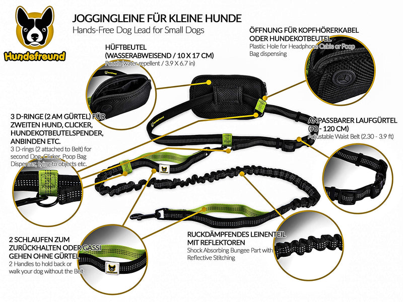 Hundefreund Hands-Free Leash for Small Dogs Under 30 lbs – Lightweight Waist Leash with Soft Bungee (43–63"), Padded Belt (26–47") & Pouch – Dual Handles, Reflective Stitching for Walking & Jogging