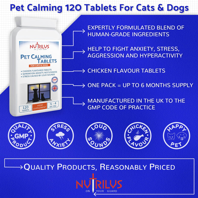 Calming Tablets for Dogs And Cats - 120 Tablets Chicken Flavour for Pets - Separation - Restlessness - Loud Sounds - Stress - Anxiety - Travel