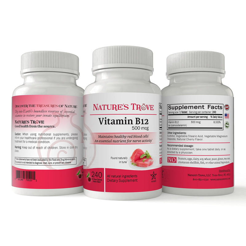 Vitamin B12 500 mcg by Nature's Trove - 240 EZ Chew Tablets Cherry Flavor