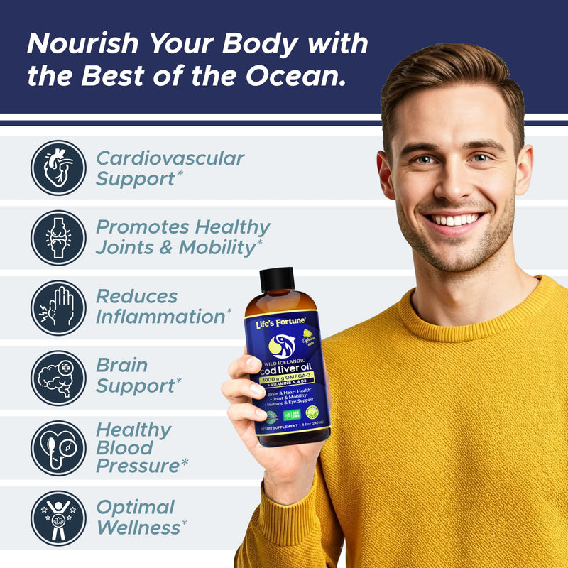 Life's Fortune Cod Liver Oil Liquid Organic Lemon Flavor (8 Oz) 1,000 mg Omega + Vitamin A, E & D3 - Supports Immune Health - 100% Fish Oil Supplement from Wild Ocean Cod-GMO Free 8 Fl Oz (Pack of 1)