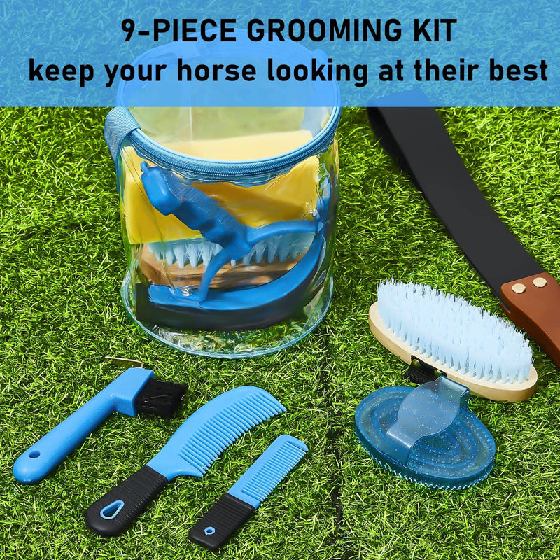 9 Pieces Horse Grooming Kit Tack Room Supplies Set with Organizer Tote Bag, Oval Massage Curry, Hard and Soft Brush, Hoof Pick, Sweat Scraper, Bathing Sponge, Combs for Horse Riders Beginners (Blue) Blue - BeesActive Australia