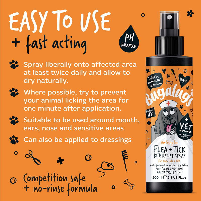 BUGALUGS Insect Bite Relief Antiseptic spray for dogs 200ml, puppy, cats & pets - Dog grooming Antibacterial, Antifungal for dog itchy skin relief - use alongside our flea shampoo for dogs