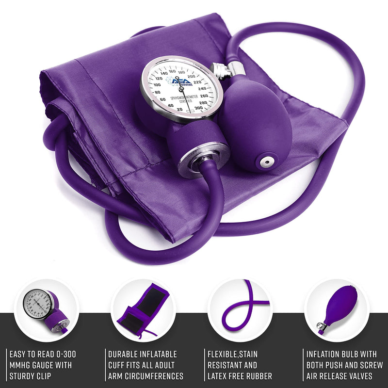 ASA TECHMED Dual Head Sprague Stethoscope and Sphygmomanometer Manual Blood Pressure Cuff Set with Case - Accurate Blood Pressure Monitoring Kit for Healthcare Professionals & Students, Purple - BeesActive Australia