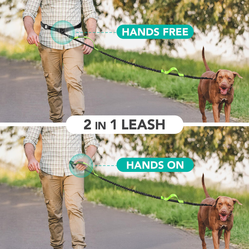 PetAmi Heavy Duty Hands Free Dog Leash, Adjustable Waist Belt for Large Dog Walking Up to 125 lbs, Bungee Leash for Pet Running, Hiking, Reflective Safety for Jogging, Biking, Green Handle 1 Leashes