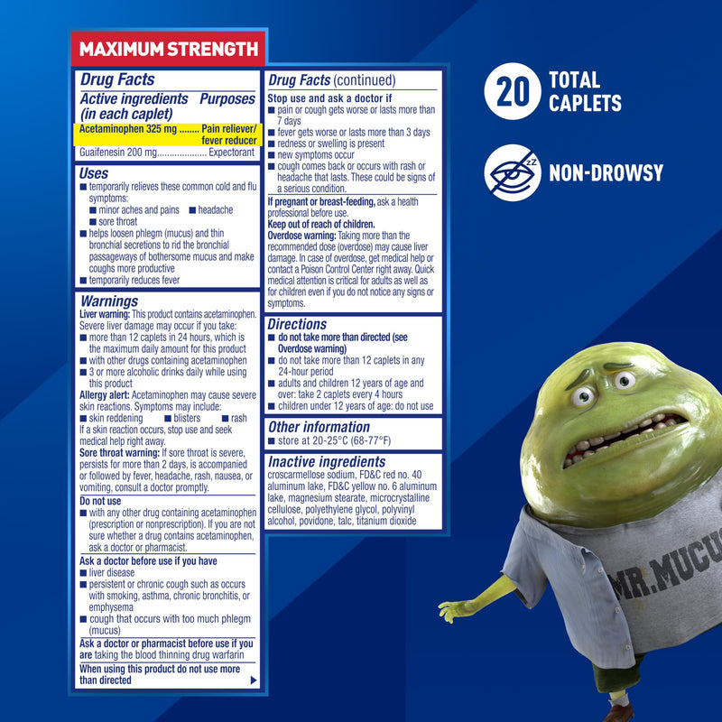 Mucinex Rapid Clear Maximum Strength Cold Medicine & Expectorant, Fever, Pain, Headache, & Excess Mucus Relief with Acetaminophen & Guaifenesin, Rapid Release Caplets for Adults, 20 Count Day - New Formulation 20 Count (Pack of 1) - BeesActive Australia