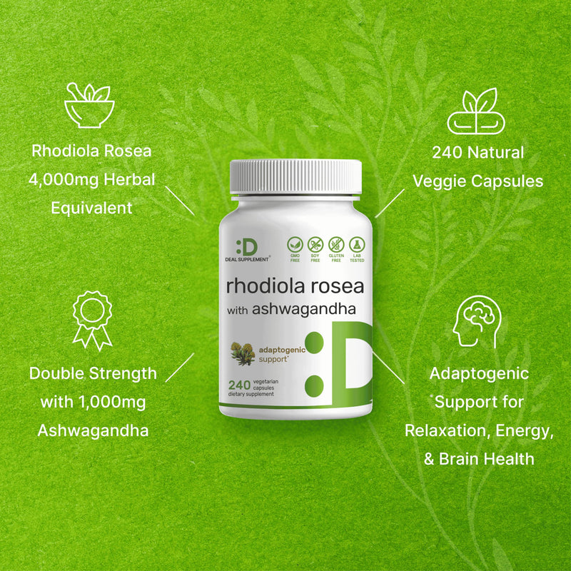 DEAL SUPPLEMENT Rhodiola Rosea with Ashwagandha 5,000mg Per Serving, 240 Veggie Capsules ‚Äì Max Strength 10:1 Root Extract ‚Äì Adaptogenic Supplements for Relaxation, Energy, & Brain Health ‚Äì Non-GMO