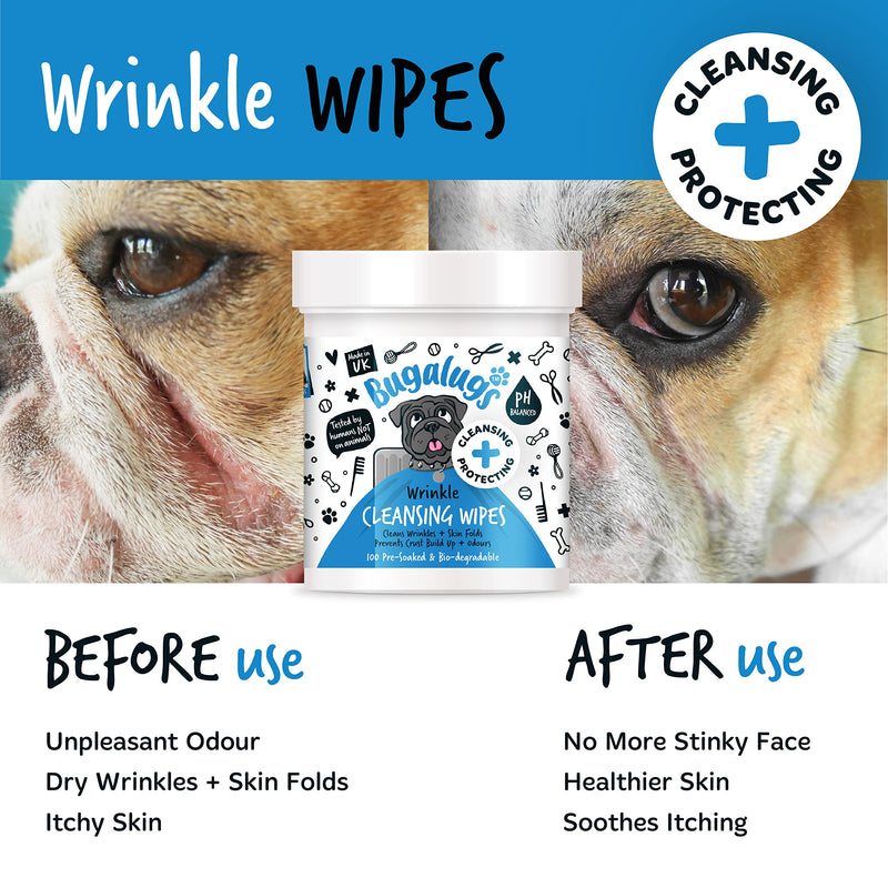 BUGALUGS Wrinkle Dog Wipes for pawly skin - 100 Biodegradable dog grooming pet wipes. Use as Dog ear wipes, dog eye wipes, dog face wipes, Paw & Bum wipes for puppy, dogs & cat grooming