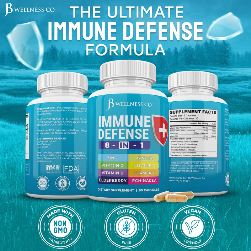 JB Wellness Co Immune Support 8 in 1 Capsules - Zinc Supplement, Vitamin D3, Vitamin C and Elderberry - Immune Booster with Echinacea, Ginger Root, and Turmeric - [2-Pack] 120 Capsules (Pack of 2)