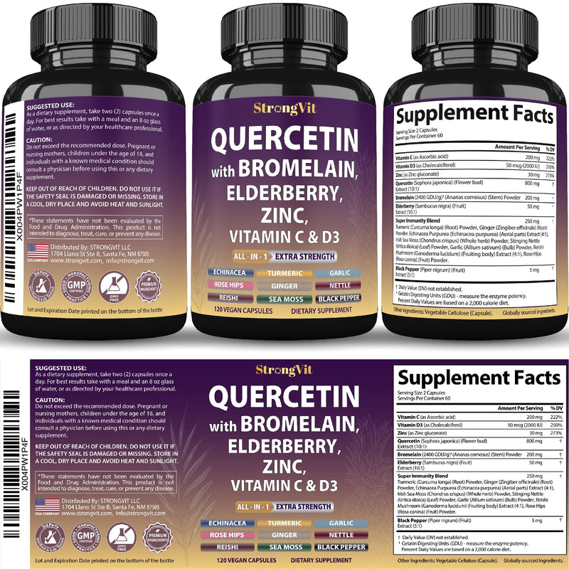 StrongVit Quercetin with Bromelain, Elderberry, Vitamin C, D3 and Zinc. Super Immune Support Supplement. Organic Complex for Men & Women, Non-GMO, Gluten-Free, Vegan, USA (120 Capsules) 120 Count (Pack of 1)