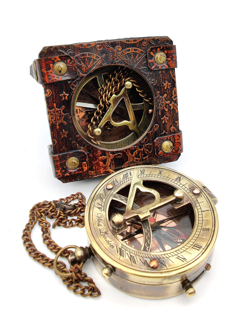 5MoonSun5's Antique Brass Sundial Compass Marine Boat Gift Pocket Sun Dial in Leather Display Box Nautical Marine Gift Sun Clock Pirate Ship Replica Watch Steampunk Accessory - BeesActive Australia