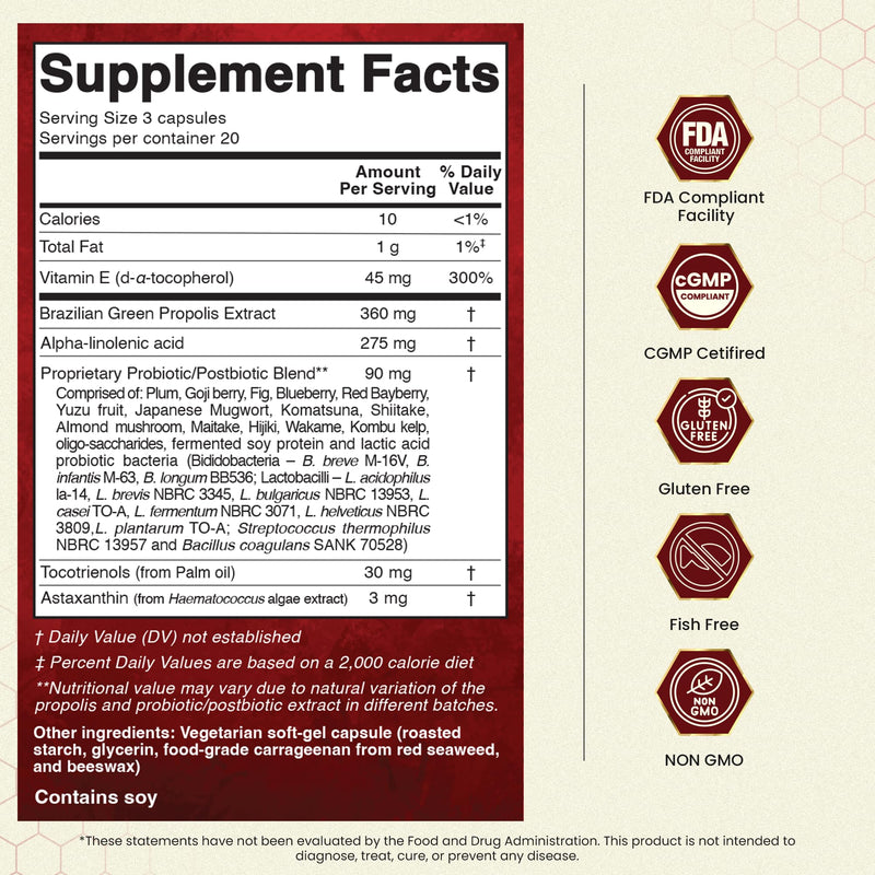 Dr Ohhira's Propolis Plus Bee Propolis Capsules | Gold Standard | 30 Count | Contains Pro- Postbiotic Blend with Omega3, Astaxanthin & Vitamin E for Immune, Digestion & Antioxidant Support. 30 Count (Pack of 1)